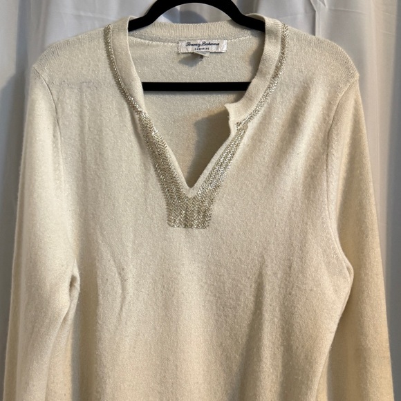 Tommy Bahama Cashmere Beaded V Neck Sweater L Cream - Picture 3 of 13